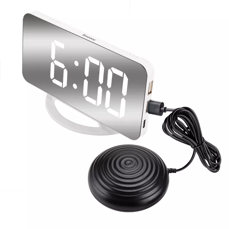 Reloj despertador LED con vibración y espejo USB dual para sordos